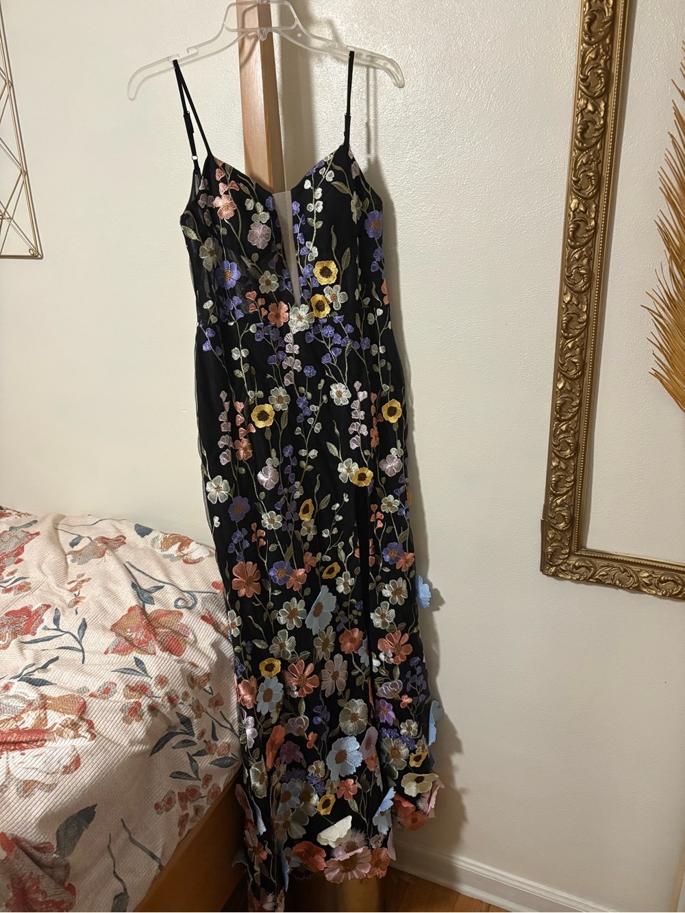 Azazie Black Maxi Dress with Multicolor Floral Embroidery